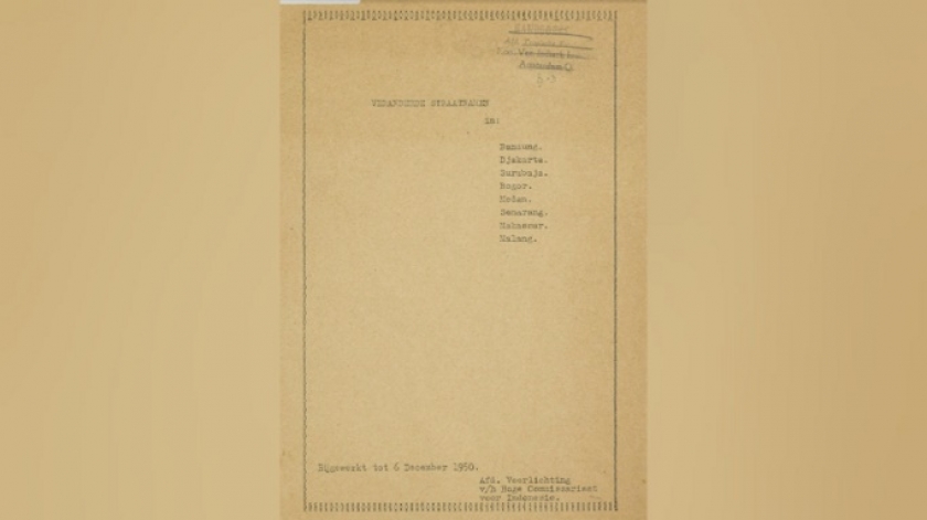 Penggantian nama jalan ke suasana baru yang berjiwa nasional juga terjadi di kota-kota lainnya di Indonesia. (Sumber: Veranderde Straatnamen in Bandung, Djakarta, Surabaja, Bogor, Medan, Semarang, Makassar, Malang (1950))