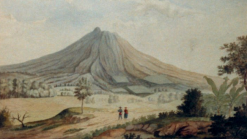 Lukisan persawahan di kaki Gunung Salak karya Christoffel Steitz de Wilde sekitar 1818-1819. (Sumber: Scalliet, 2003)