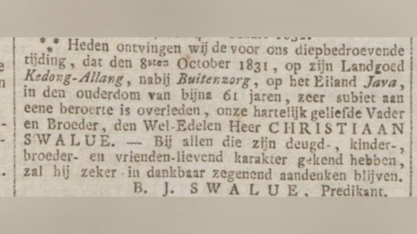 Hingga April 1822, C. Swalue masih bekerja sebagai pengawas budidaya kopi di Bandung. (Sumber: Bataviasche Courant, 27 April 1822)