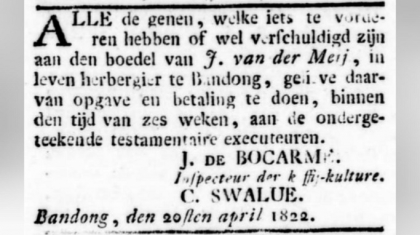 C. Swaluwe meninggal di Kedunghalang, Bogor, pada 8 Oktober 1831. (Sumber: Opregte Haarlemsche Courant, 22 Maret 1832)