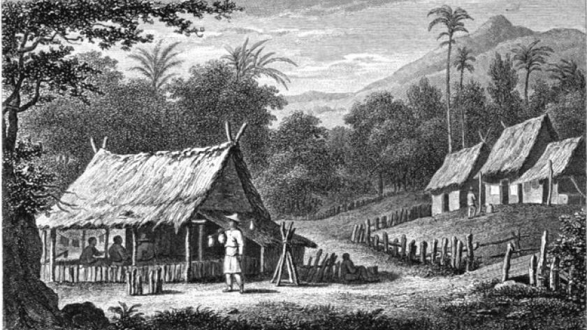 Lukisan pasanggrahan, tempat beristirahat, di Priangan. (Sumber: Verschillende Reizen en Lotgevallen, Vol. 3 (1832))