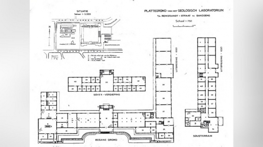 Denah Geologisch Laboratorium. Menurut Henri Menalda van Schouwenburg, gambar bangunannya sudah disediakan oleh pemerintah Kota Bandung. (Sumber: De Mijningenieur No. 1, 11e Jaargang, Januari 1930)