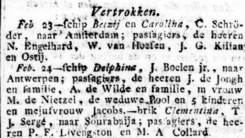 Berita kepergian Andries de Wilde dan keluarganya ke Eropa pada 24 Februari 1823. (Sumber: Bataviasche Courant, 1 Maret 1823)