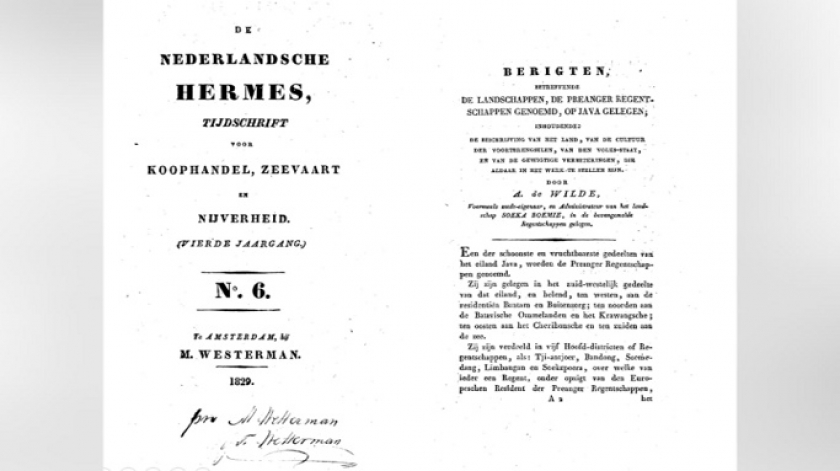 Edisi pertama seri tulisan tentang Priangan karya Andries de Wilde, yang dimuat De Nederlandsche Hermes edisi No. 6 (1829). (Sumber: Google Books)