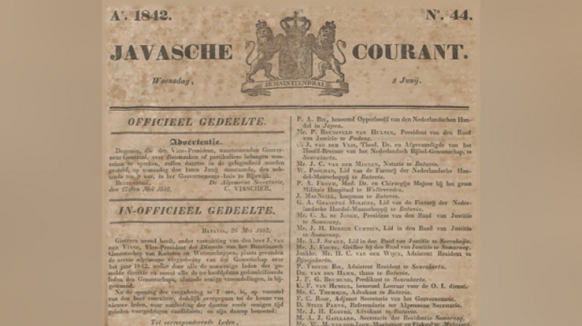 Pada 25 Mei 1842, Bataviaasch Genootschap membahas rencana kompetisi penyusunan kamus Sunda untuk melengkapi karya Andries de Wilde. (Sumber: Javasche Courant, 1 Juni 1842)