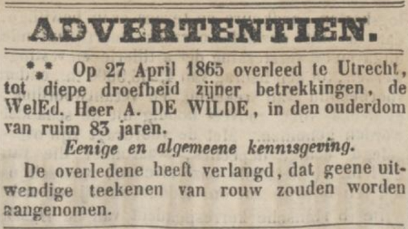 Kabar meninggalnya Andries de Wilde baru dimuat dua minggu setelah kematiannya. (Sumber: Utrechtsch provinciaal en stedelk dagblad, 11 Mei 1865)