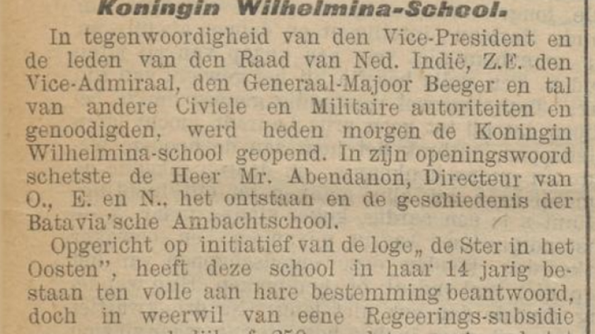 Koningin Wilhelmina-school (KWS) di Batavia dibuka secara resmi pada 18 Juli 1901. Enoch adalah tamatan sekolah ini tahun 1912. (Sumber: Het Nieuws van den dag voor Nederlandsch-Indie, 18 Juli 1901)