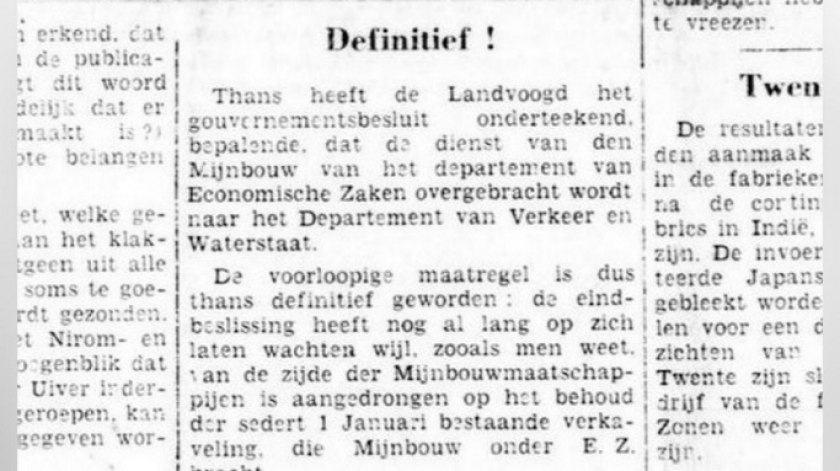 Secara definitif, Dienst van den Mijnbouw, induk Opsporingsdienst dan Museum Geologi Bandung, dipindahkan dari Departement van Economische Zaken ke Verkeer en Waterstaat pada 1 Januari 1935. (Sumber: Bataviaasch Nieuwsblad, 27 Oktober 1934)