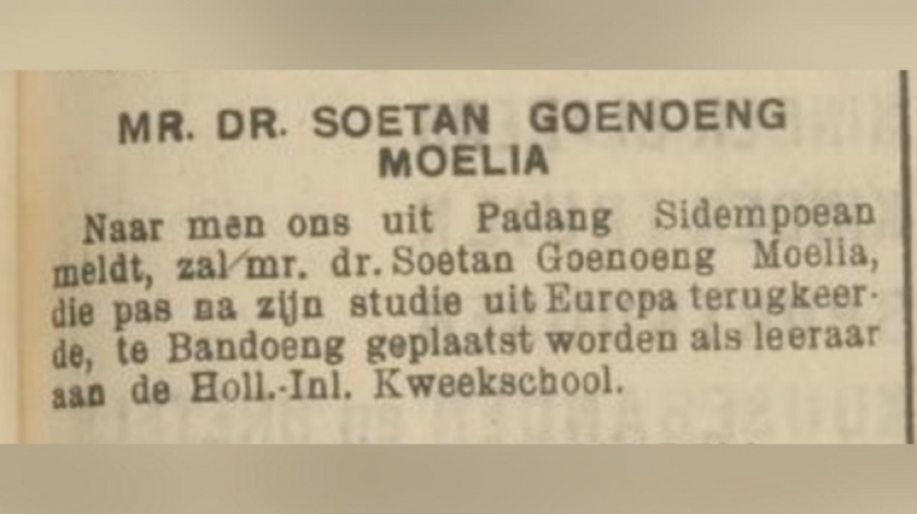 Berita pengangkatan Soetan Goenoeng Moelia sebagai guru HIK Bandung. (Sumber: Deli Courant, 23 Januari 1934)