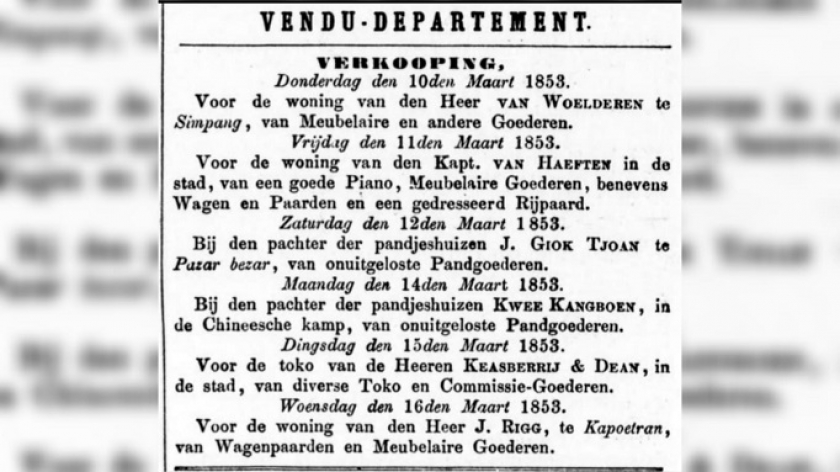 Pada 16 Maret 1853, rumah Jonatahan Rigg di Kapoetran, Surabaya, beserta barang-barangnya dilelang. (Sumber: De Oostpost, 9 Maret 1853)