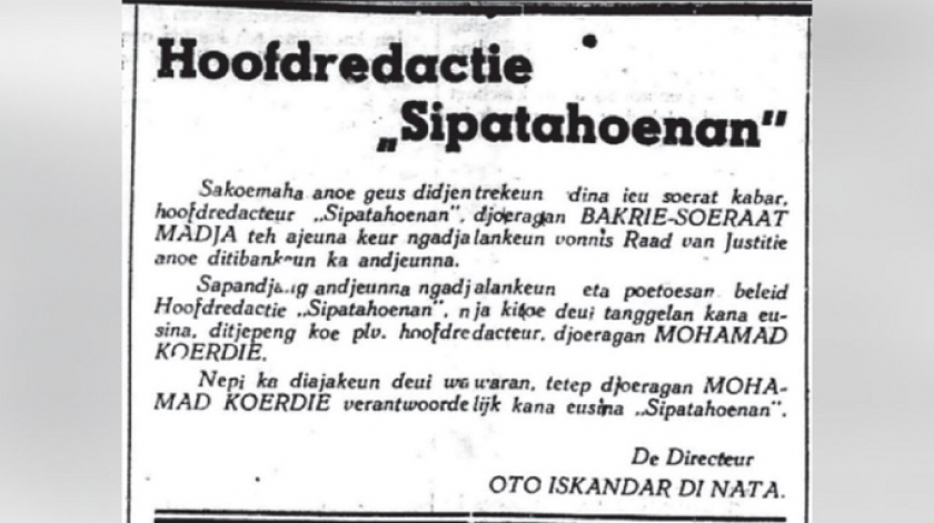 Selama Bakrie Soeraatmadja menjalani vonis akibat delik pers, Mohamad Koerdie bertanggungjawab sebagai pemimpin redaksi Sipatahoenan. (Sumber: Sipatahoenan, 8 Maret 1935)