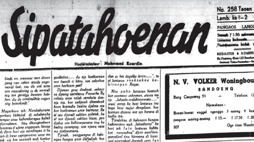 Sejak 9 November 1935, nama Mohamad Koerdie mulai tercantum sebagai pemimpin redaksi Sipatahoenan. (Sumber: Sipatahoenan, 9 November 1935)