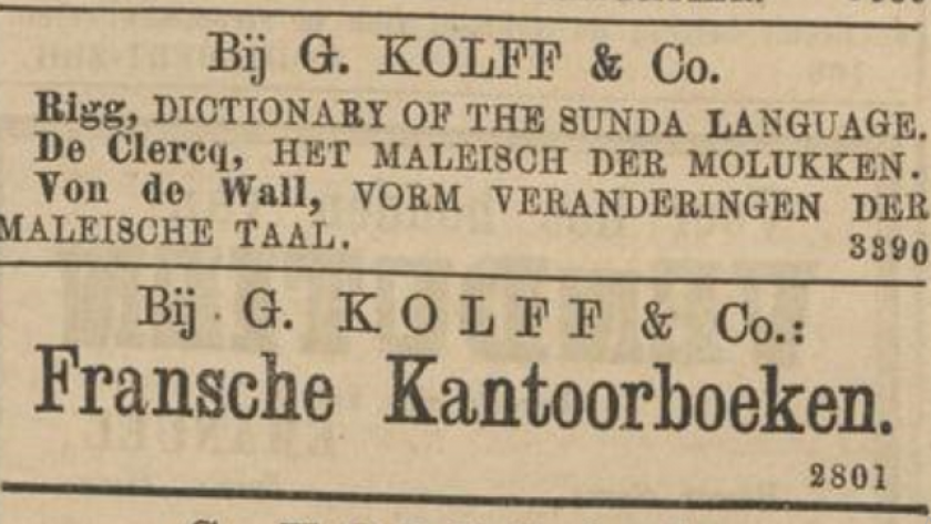 G. Kolff & Co mengiklankan A Dictionary of the Sunda Language of Java. (Sumber: Java-bode, 7 Agustus 1879)