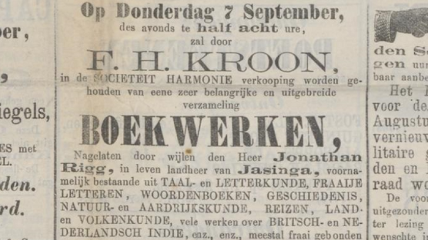 Kabar pelelangan koleksi buku peninggalan Jonathan Rigg pada 7 September 1871. (Sumber: Java-bode, 2 September 1871)