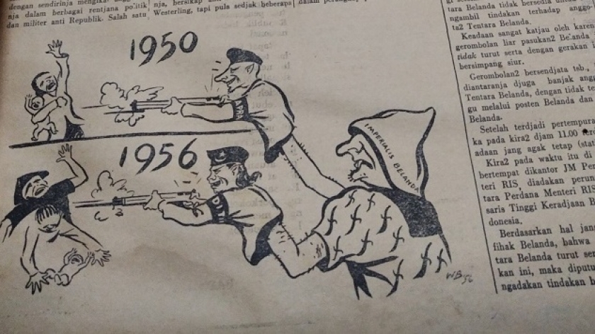 Karikatur kekejaman APRA di tahun 1950 disandingkan dengan kekejaman gerombolan 1956, keduanya dianggap boneka imperialis Belanda. Karikatur tayang di Warta Bandung. (Foto: Dokumentasi Penulis)