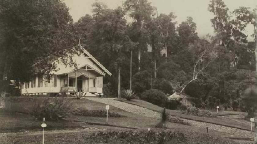 Wisma khusus untuk para peneliti ilmiah di taman gunung Tjibodas, barat laut Tjiandjoer. Foto diambil sekitar tahun 1901-1902. (Sumber: Koleks KITLV 19462, digitalcollections.universiteitleiden.nl)