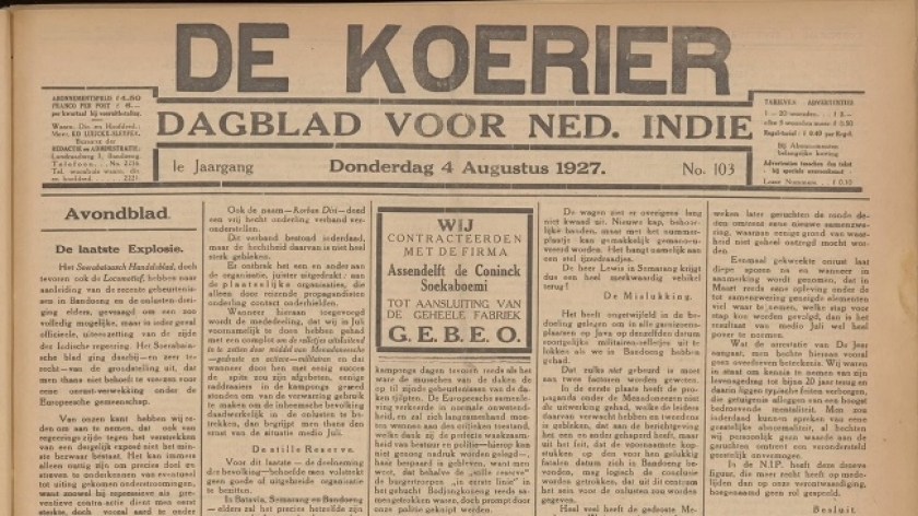 Koran De koerier  tanggal 4 Agustus 1927 menerbitkan tulisan panjang berjudul De laatste Explosie (Ledakan Terakhir) merangkum  informasi terbaru rencana peledakan gudang mesiu di Bandung. (Sumber delpher.nl)