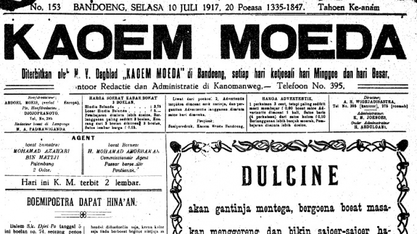 Surat kabar Kaoem Moeda, corong Sarekat Islam cabang Bandung. (Sumber: Dokumentasi Perpustakaan Nasional)