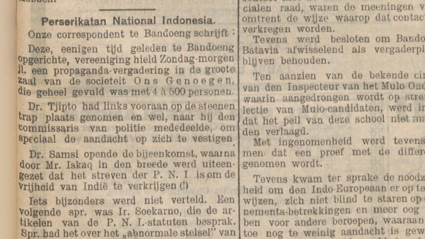 Artikel berita berjudul Perserikatan National Indonesia yang terbit di koran Het nieuws van den dag voor Nederlandsch-Indie pada 26 September 1927. (Sumber delpher.nl)