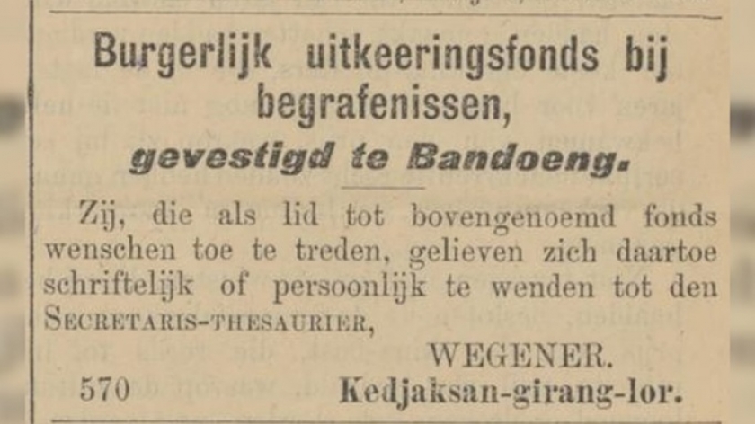 Iklan tentang komite dana pemakaman pada tahun 1897. (Sumber: De Preanger-bode, 22 November 1897)