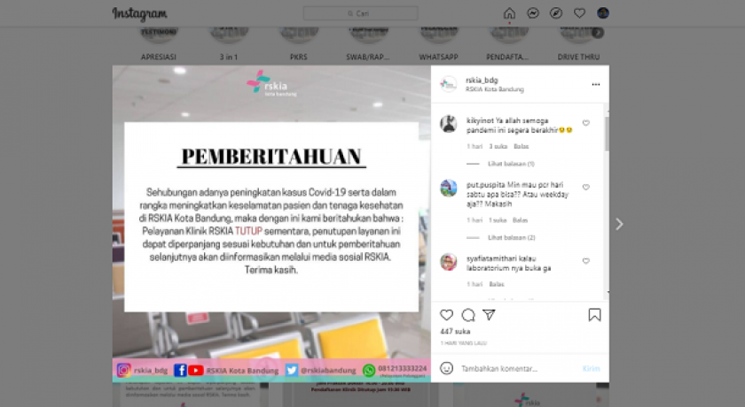 Pengumuman penutupan layanan Klinik dan rawat jalan RSKIA, Kota Bandung, mulai 2 Juli 2021. (Instagram RSKIA Kota Bandung)