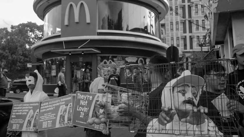 Aksi para aktivis dari Animal Friends Jogja (AFJ) di depan resto cepat saji McDonalds Simpang Dago, Bandung, Kamis, 25 Januari 2024. (Foto: Hizqil Fadl Rohman/BandungBergerak.id)