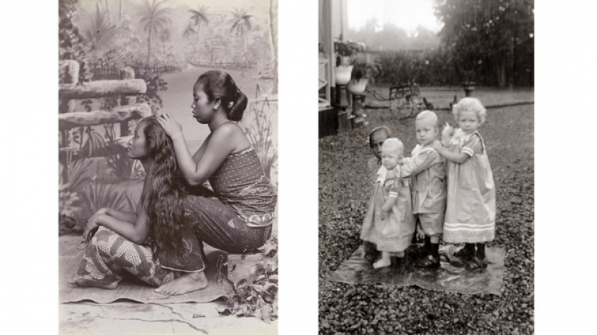 Di kiri, foto studio dari perempuan sedang menyelisik rambut perempuan lainnya karya Ali S.Cohan (Yogyakarta). Kanan, foto tiga anak kecil bersama pengasuh mereka di Hindia Belanda. (Sumber: KITLV)