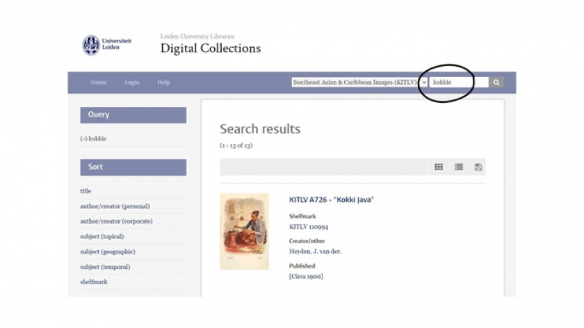 Pencarian kata kunci dalam laman http://digitalcollections.universiteitleiden.nl/. (Foto: Theo Frids Hutabarat)