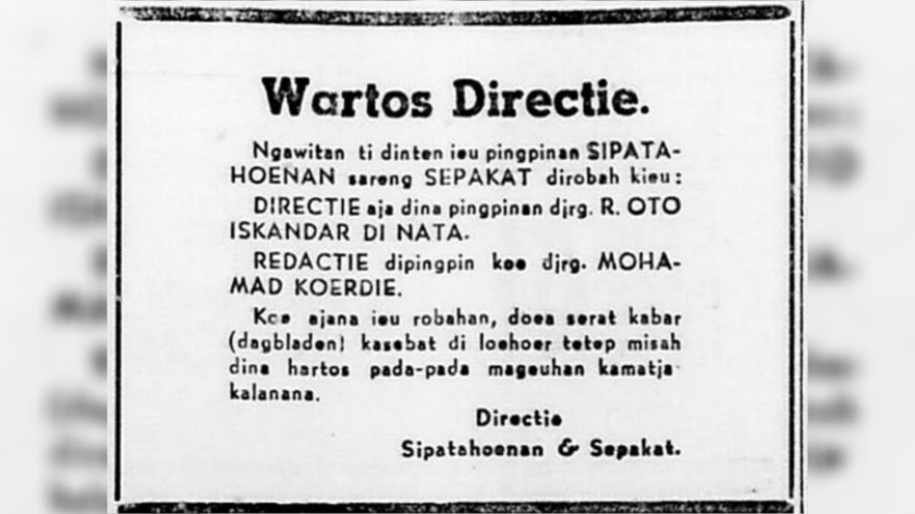 Sejak 10 November 1941, Oto menjabat lagi direktur Sipatahoenan, merangkap sebagai direktur Sepakat, yang juga diterbitkan Paguyuban Pasundan. (Sumber: Sipatahoenan, 10 November 1941)