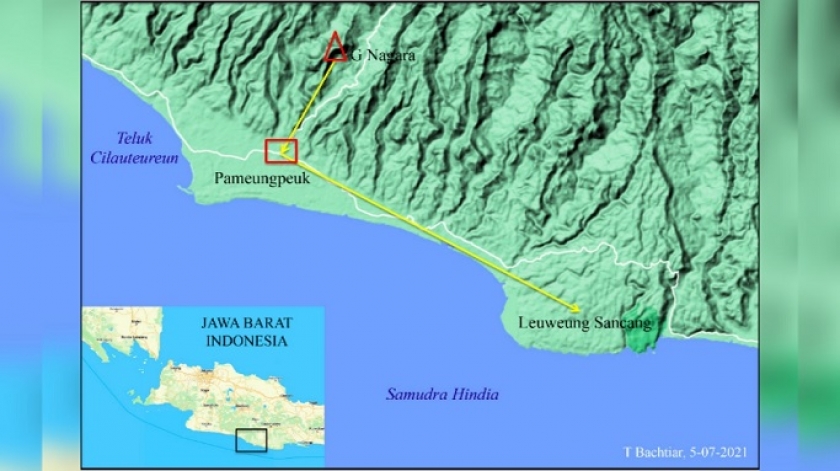 Tiga kawasan yang dibahas dalam tulisan ini: Gunung Nagara, Pameungpeuk, dan Leuweung Sancang. (Sumber: Google maps, diberi keterangan oleh T. Bachtiar)