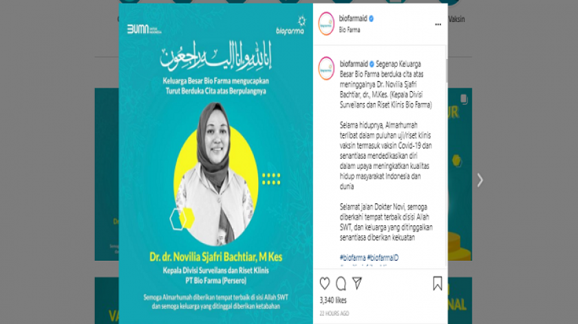 Ucapan duka cita untuk Dr. Novilia Sjafri Bachtiar, dr., M.Kes., Kepala Divisi Surveilans dan Riset Klinis Bio Farma yang meninggal dunia Rabu dini hari 7 Juli 2021. (Instagram Bio Farma)