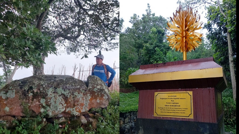 Batu Bedil dan Tugu Kalpataru menambah daya tarik pendakian Gunung Bubut, Kabupaten Bandung, Maret 2024. (Foto: Gan Gan Jatnika)