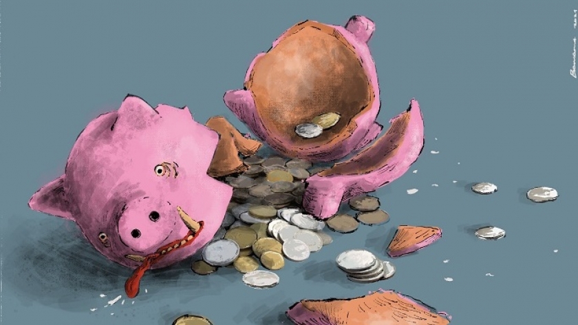 Ilustrasi. Celengan, 2024. Bank emok maupun pinjol sering kali menjadi pelarian bagi warga yang terjerat masalah keuangan.  (Ilustrator: Bawana Helga Firmansyah/BandungBergerak.id)