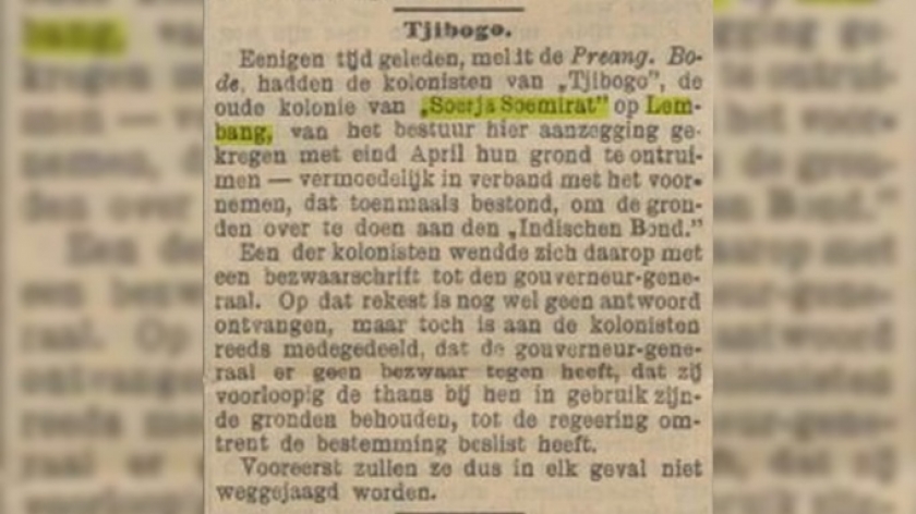 Artikel koran Preangerbode 1907 tentang Tjibogo. Sumber delpher.nl. (Foto: Dokumentasi Malia Nur Alifa)