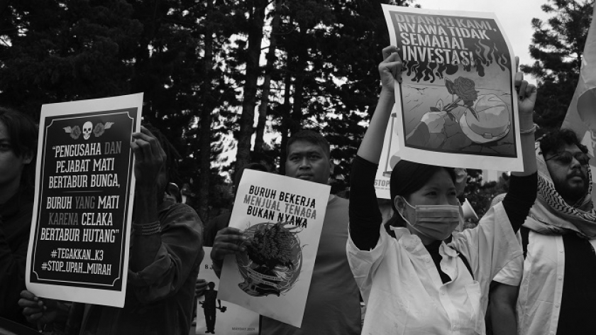 Aksi buruh pada peringatan May Day di Taman Cikapayang, Bandung, 1 Mei 2024. (Foto: Prima Mulia/BandungBergerak.id)